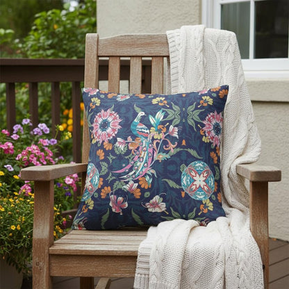 16" Navy Pink Peacock Indoor Outdoor Throw Pillow