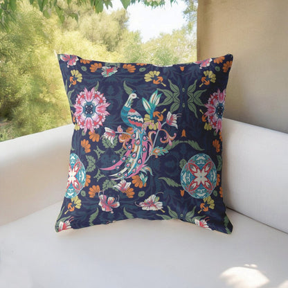 16" Navy Pink Peacock Indoor Outdoor Throw Pillow