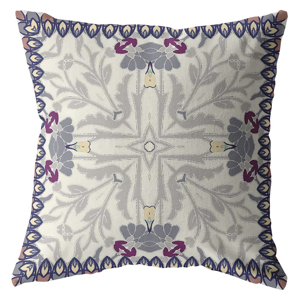 16" Gray Floral Frame Indoor Outdoor Throw Pillow