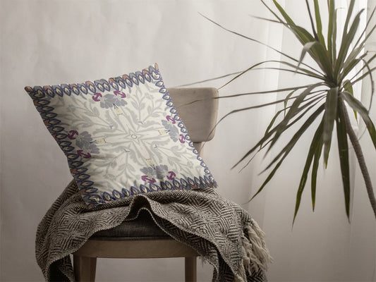 16" Gray Floral Frame Indoor Outdoor Throw Pillow