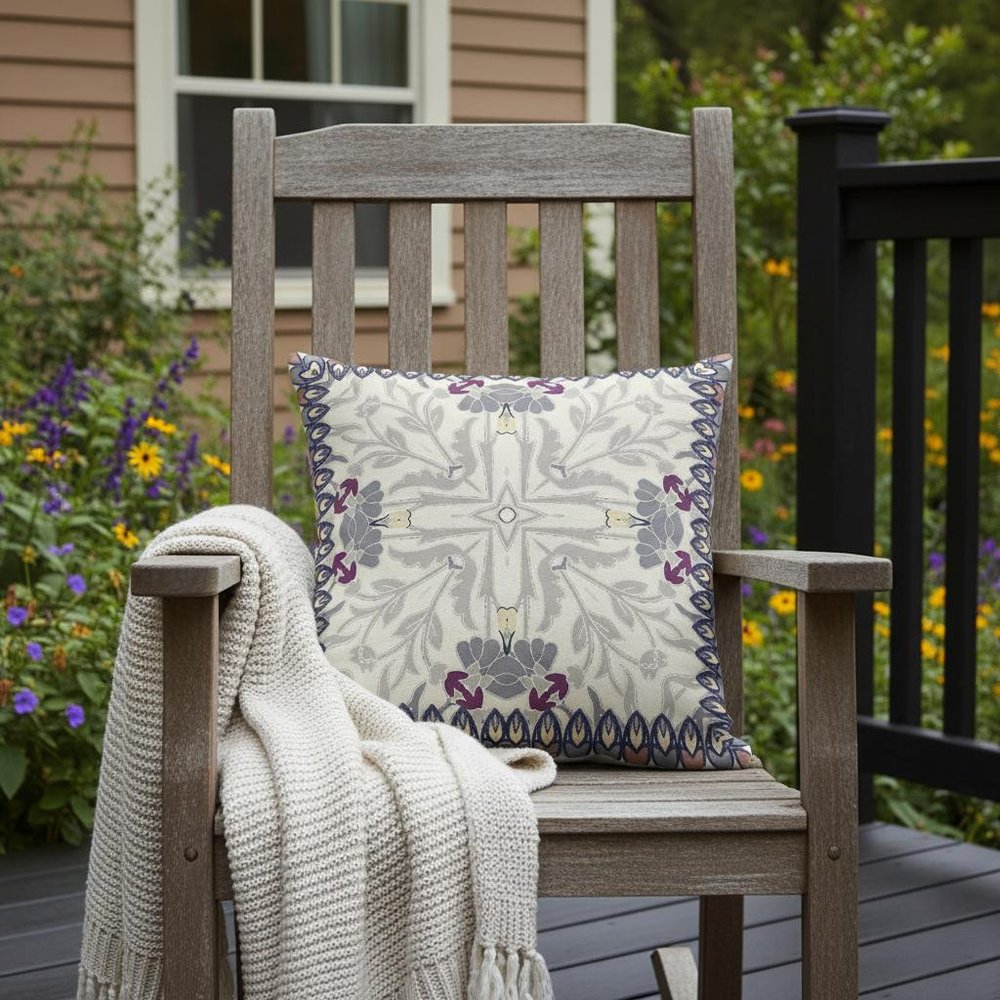16" Gray Floral Frame Indoor Outdoor Throw Pillow