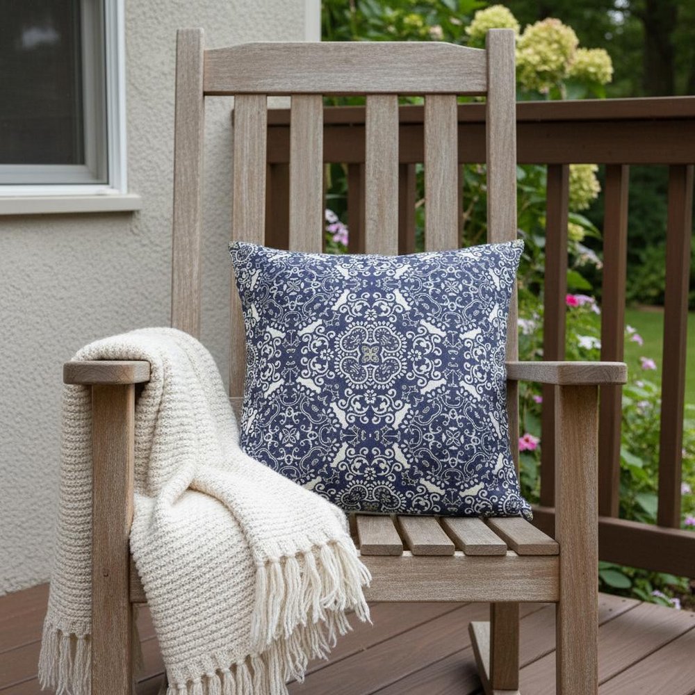 16" Navy Boho Pattern Indoor Outdoor Throw Pillow