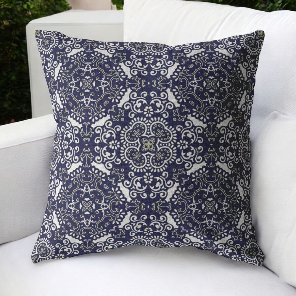 16" Navy Boho Pattern Indoor Outdoor Throw Pillow