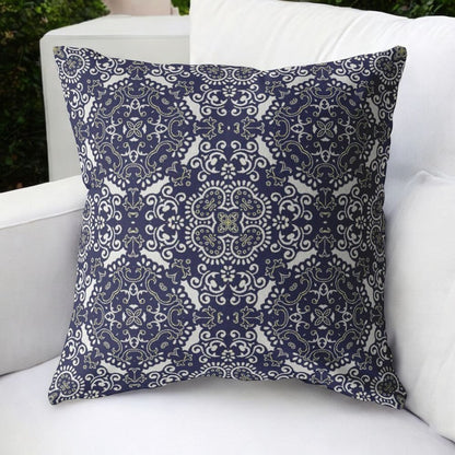 16" Navy Boho Pattern Indoor Outdoor Throw Pillow