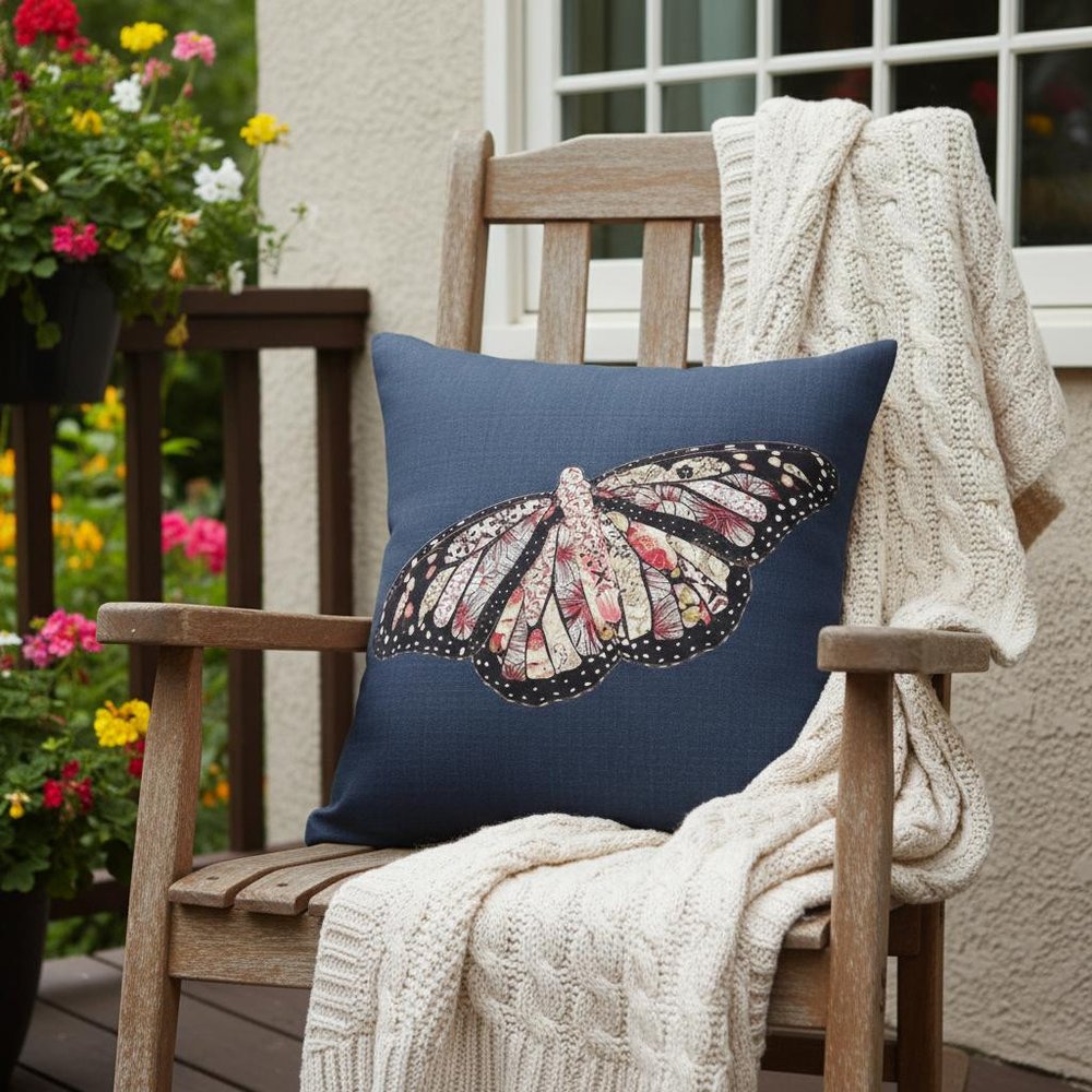 16" Denim Blue Butterfly Indoor Outdoor Throw Pillow