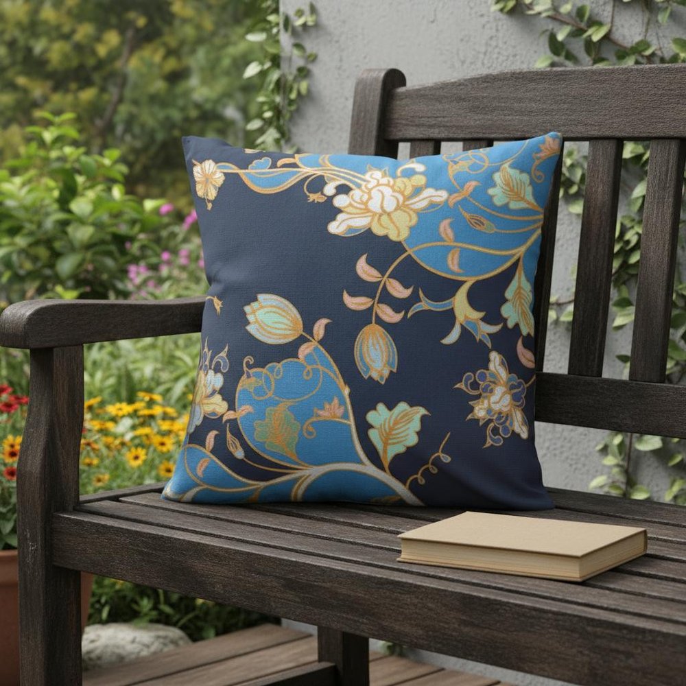 16" Navy Blue Garden Indoor Outdoor Throw Pillow