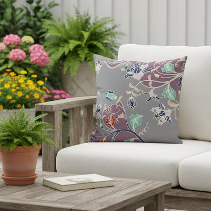 16" Purple Gray Garden Indoor Outdoor Throw Pillow
