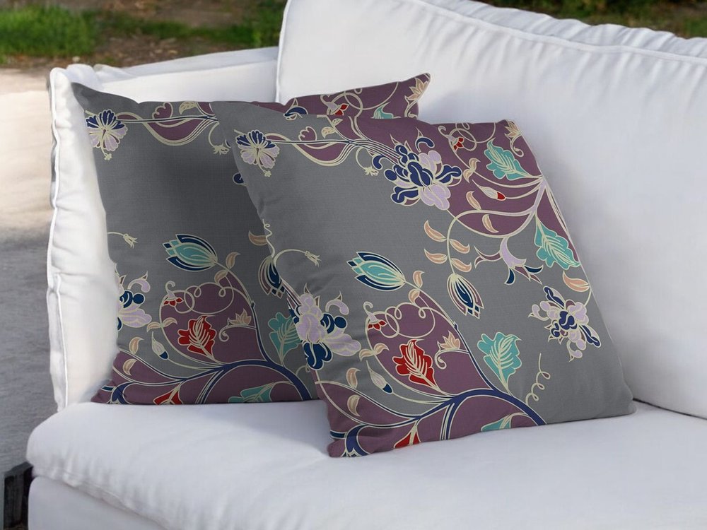 16" Purple Gray Garden Indoor Outdoor Throw Pillow