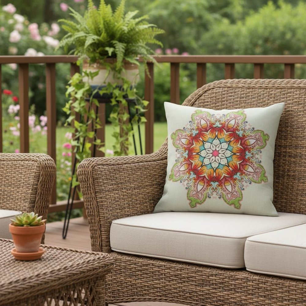16" Orange Green Mandala Indoor Outdoor Throw Pillow