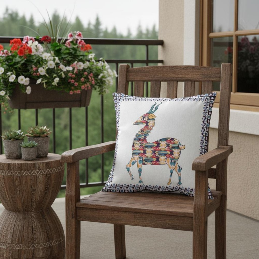 16" Blue White Boho Deer Indoor Outdoor Throw Pillow