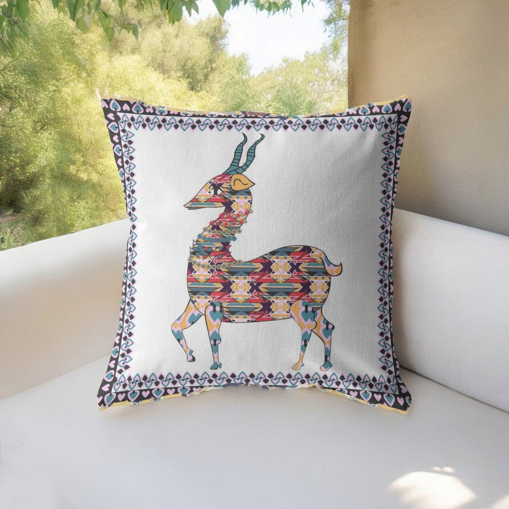 16" Blue White Boho Deer Indoor Outdoor Throw Pillow