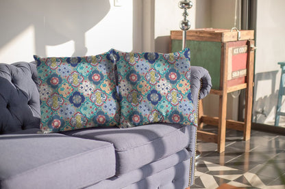 16" X 16" Blue Geometric Indoor Outdoor Throw Pillow
