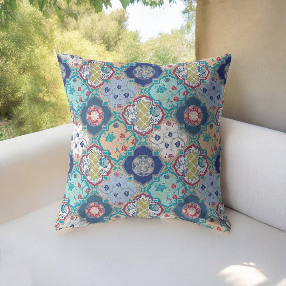 16" X 16" Blue Geometric Indoor Outdoor Throw Pillow