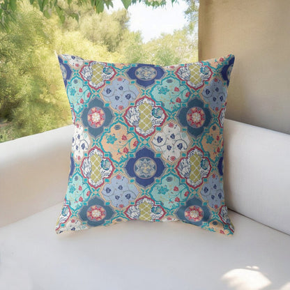 16" X 16" Blue Geometric Indoor Outdoor Throw Pillow