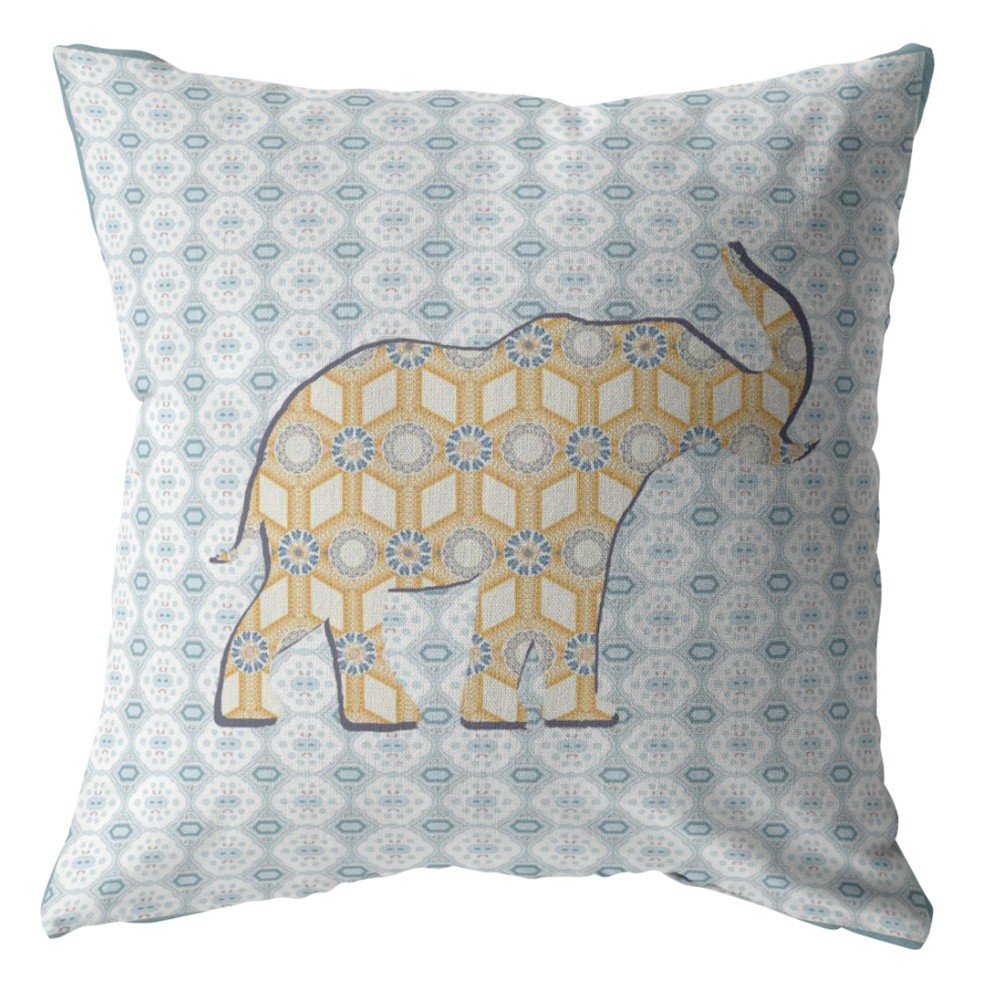 16" X 16" Blue and Yellow Elephant Geometric Indoor Outdoor Throw Pillow