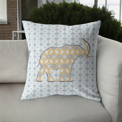 16" X 16" Blue and Yellow Elephant Geometric Indoor Outdoor Throw Pillow