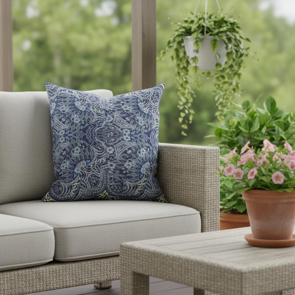 16” Indigo Boho Ornate Indoor Outdoor Throw Pillow