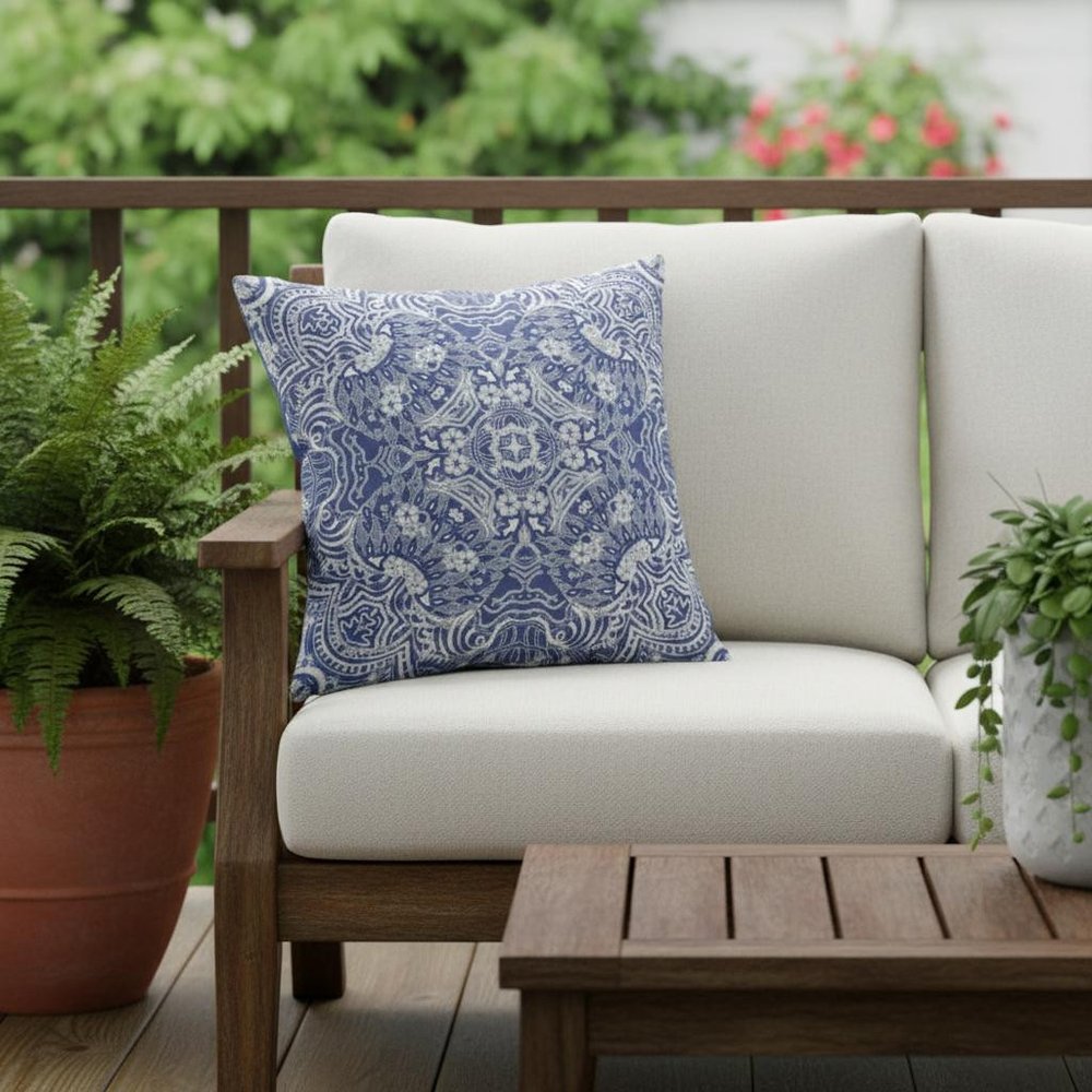 16” Indigo White Boho Ornate Indoor Outdoor Throw Pillow