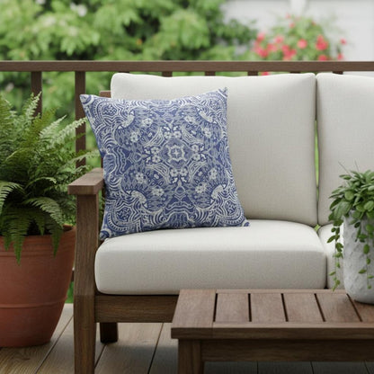 16” Indigo White Boho Ornate Indoor Outdoor Throw Pillow
