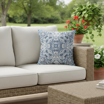 16” Light Blue Boho Ornate Indoor Outdoor Throw Pillow