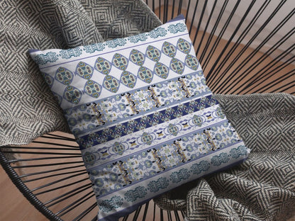 16" X 16" Navy Blue Geometric Indoor Outdoor Throw Pillow