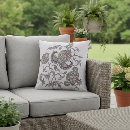 16” Gray White Wildflower Indoor Outdoor Throw Pillow