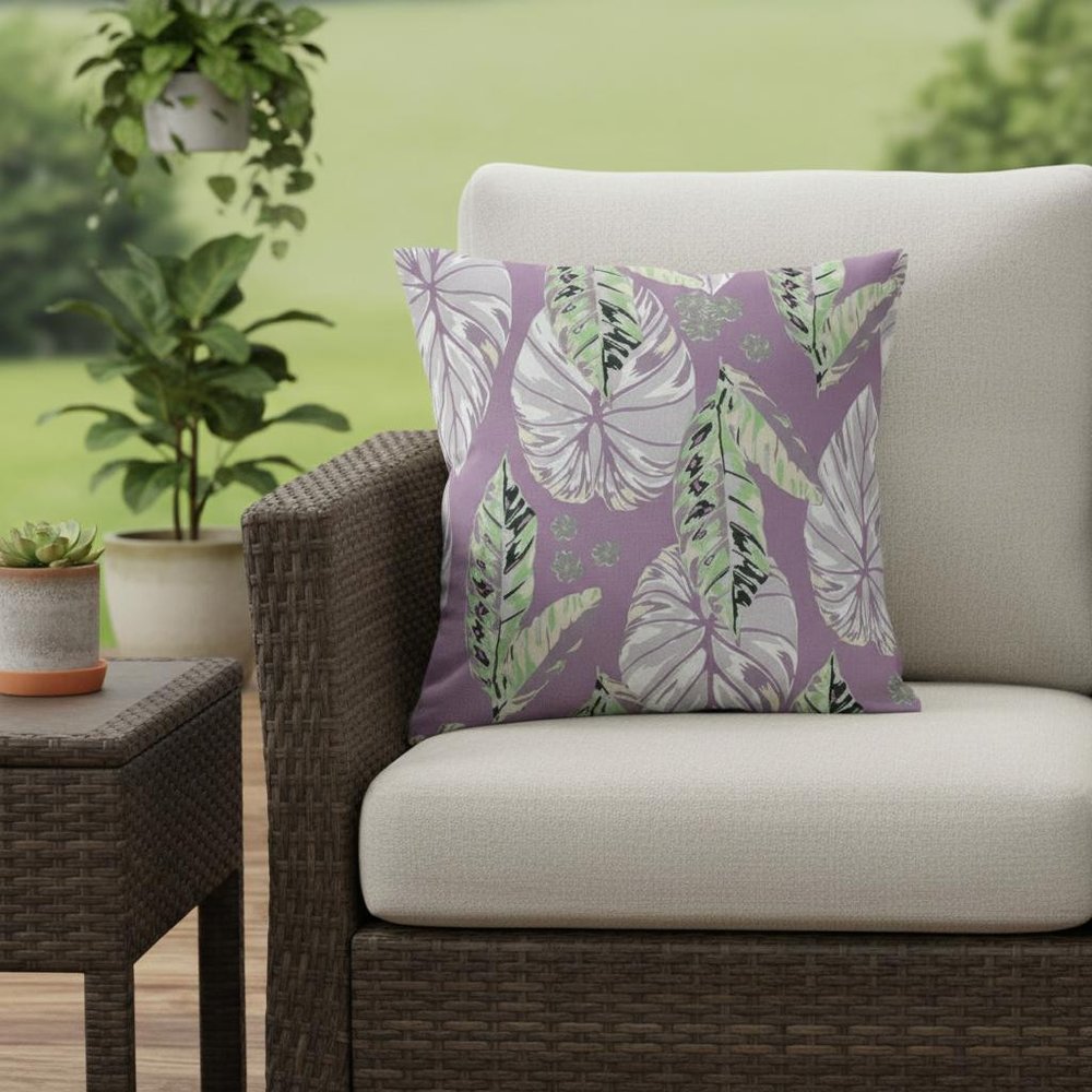 16” White Purple Tropical Leaf Indoor Outdoor Throw Pillow