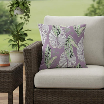 16” White Purple Tropical Leaf Indoor Outdoor Throw Pillow