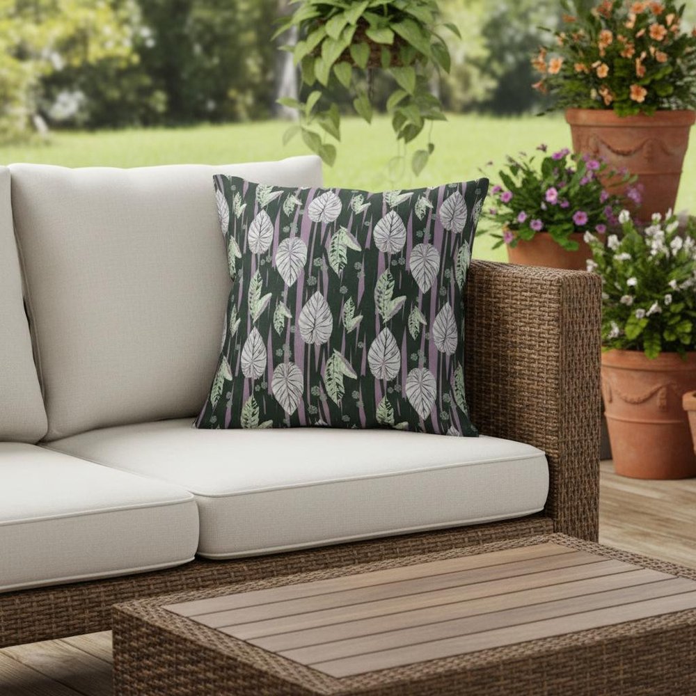 16” Black Purple Fall Leaves Indoor Outdoor Throw Pillow