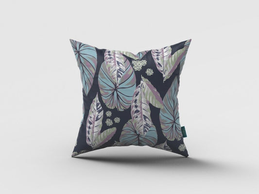 16” Blue Purple Tropical Leaf Indoor Outdoor Throw Pillow