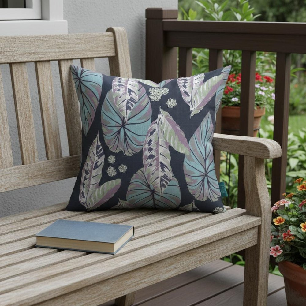 16” Blue Purple Tropical Leaf Indoor Outdoor Throw Pillow