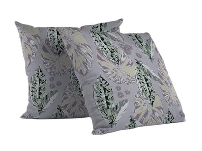 16” Gray Purple Tropical Leaf Indoor Outdoor Throw Pillow