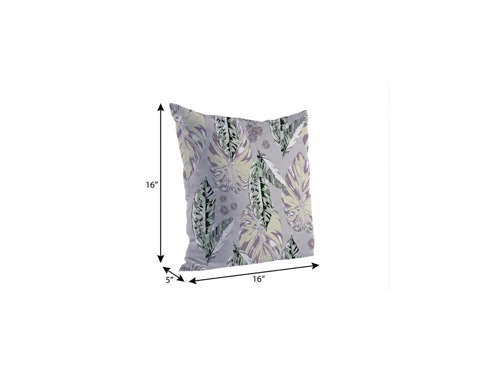 16” Gray Purple Tropical Leaf Indoor Outdoor Throw Pillow