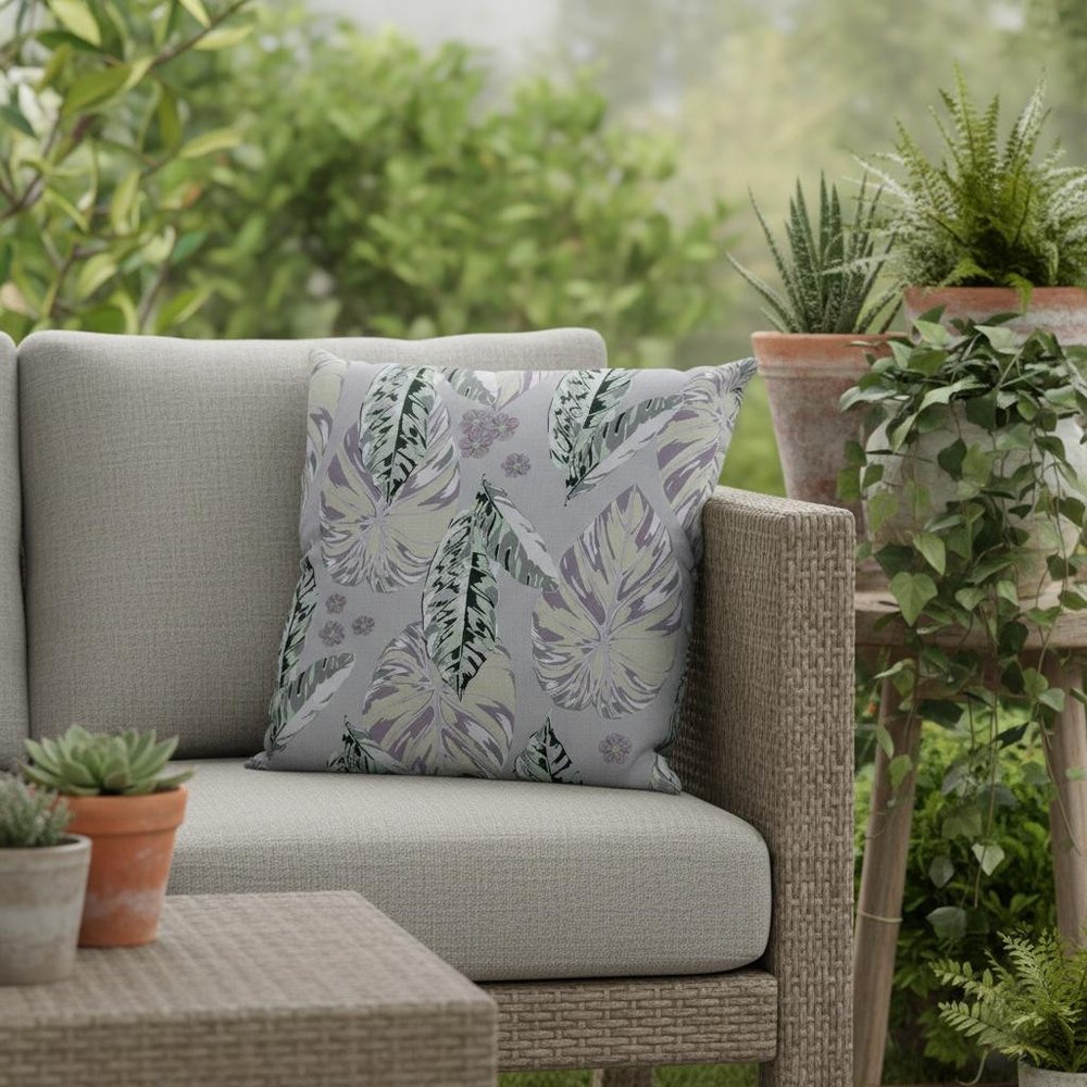 16” Gray Purple Tropical Leaf Indoor Outdoor Throw Pillow