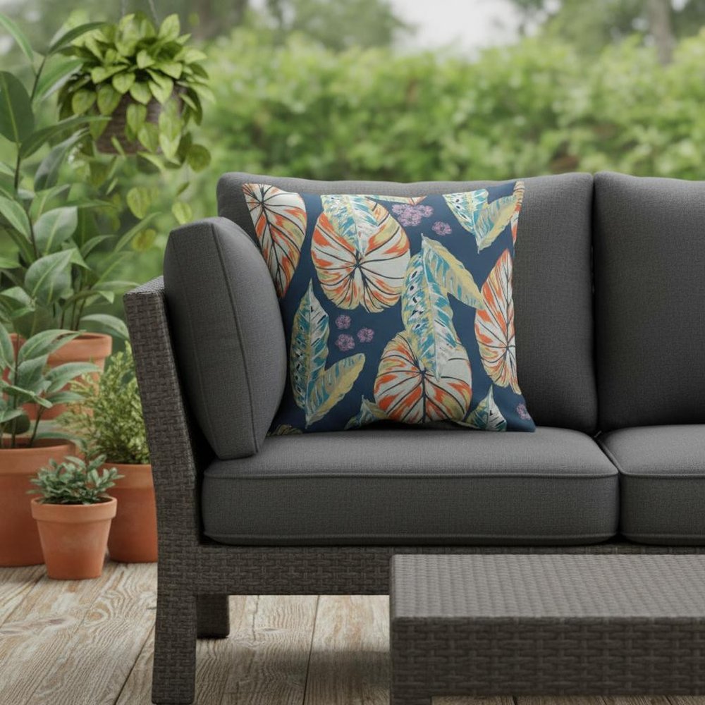 16” Orange Blue Tropical Leaf Indoor Outdoor Throw Pillow