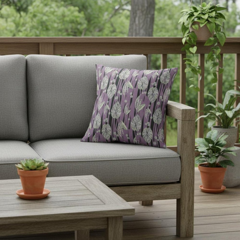 16” Lavender Black Fall Leaves Indoor Outdoor Throw Pillow