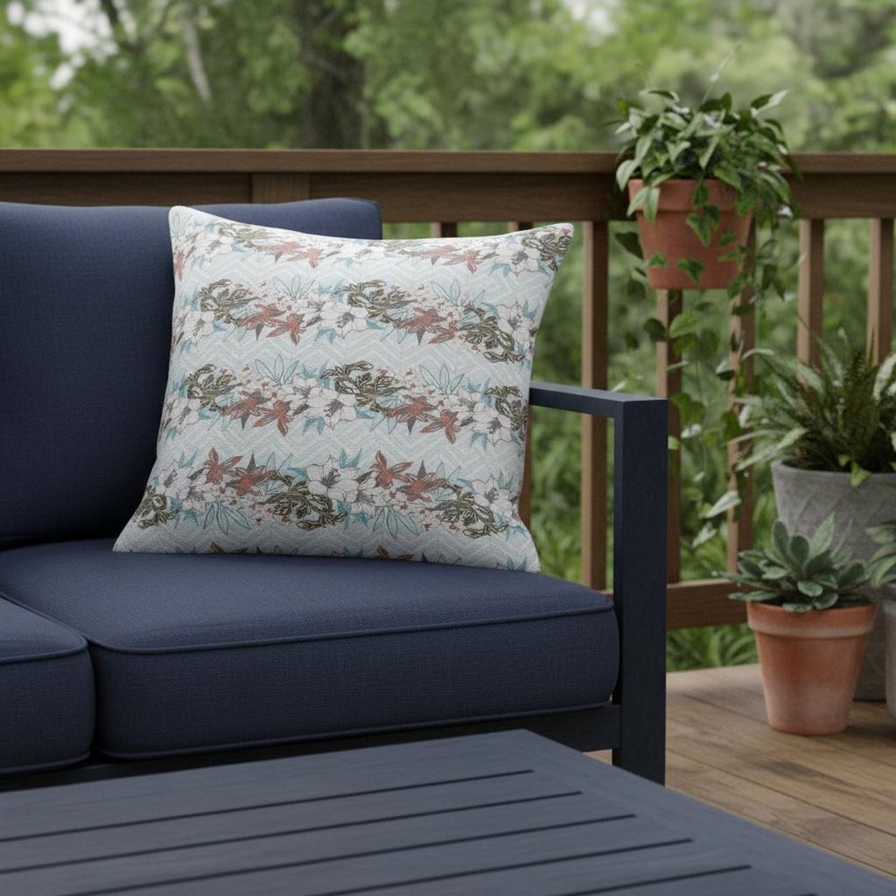 16" X 16" Light Blue Blown Seam Floral Indoor Outdoor Throw Pillow