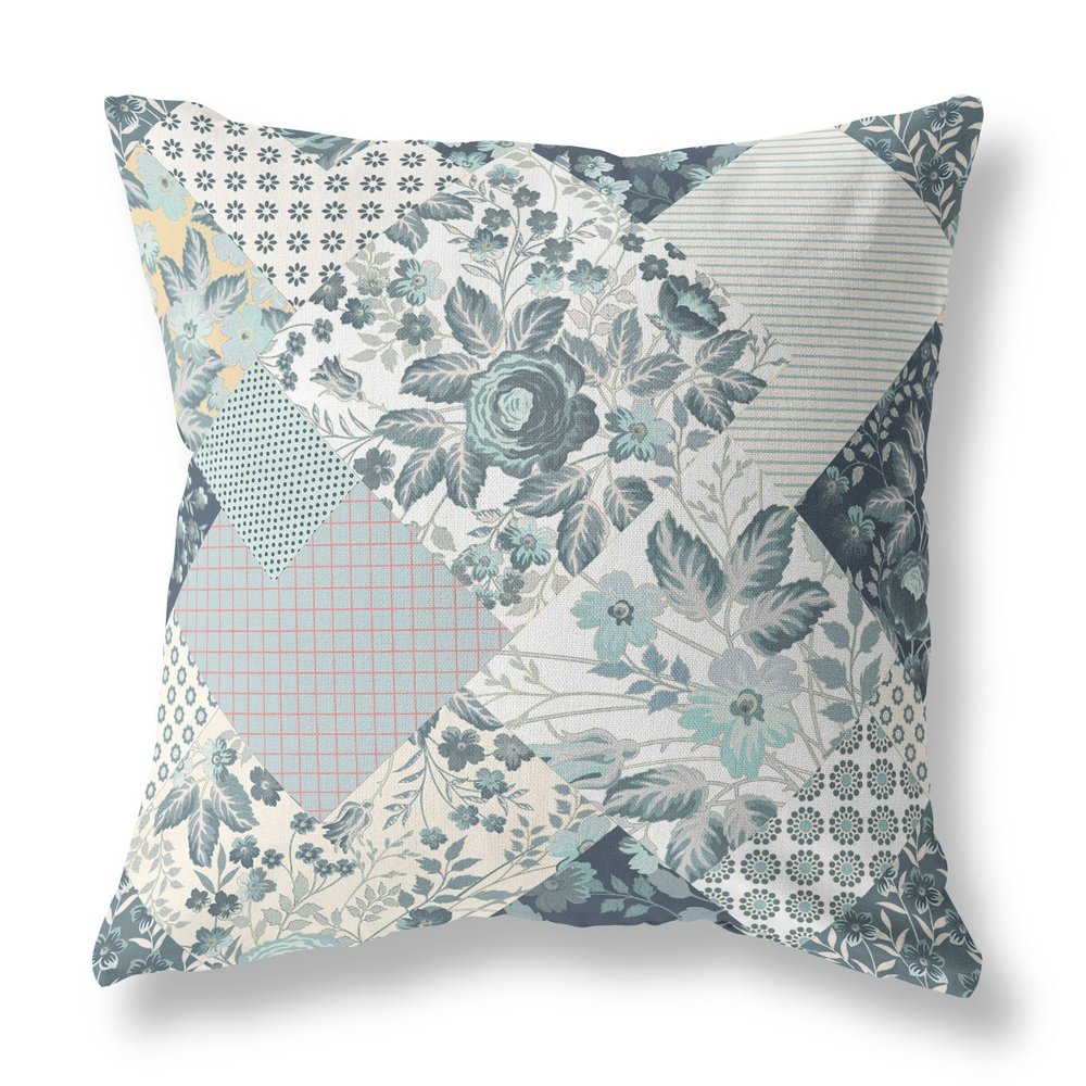 16" X 16" Indigo Floral Indoor Outdoor Throw Pillow