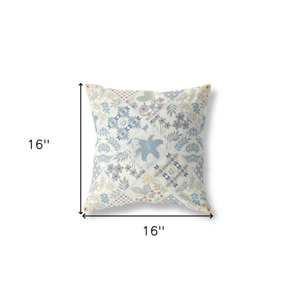 16" X 16" Blue and White Floral Indoor Outdoor Throw Pillow