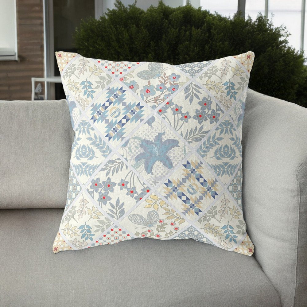 16" X 16" Blue and White Floral Indoor Outdoor Throw Pillow