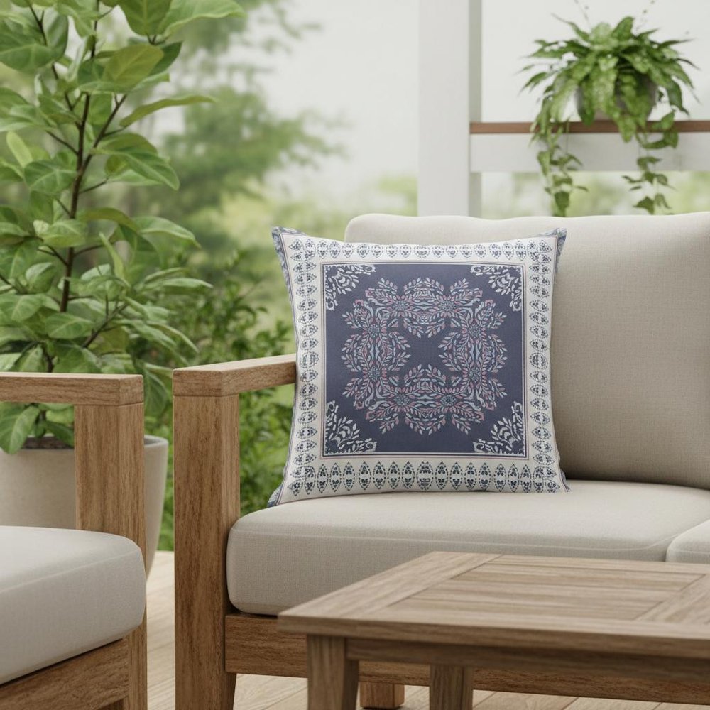 16" X 16" Dark Blue And White Blown Seam Damask Indoor Outdoor Throw Pillow