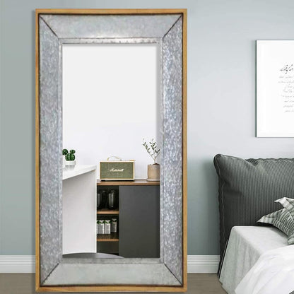 84" Gray And Brown Galvanized Metal and Wood Framed Leaning Accent Mirror
