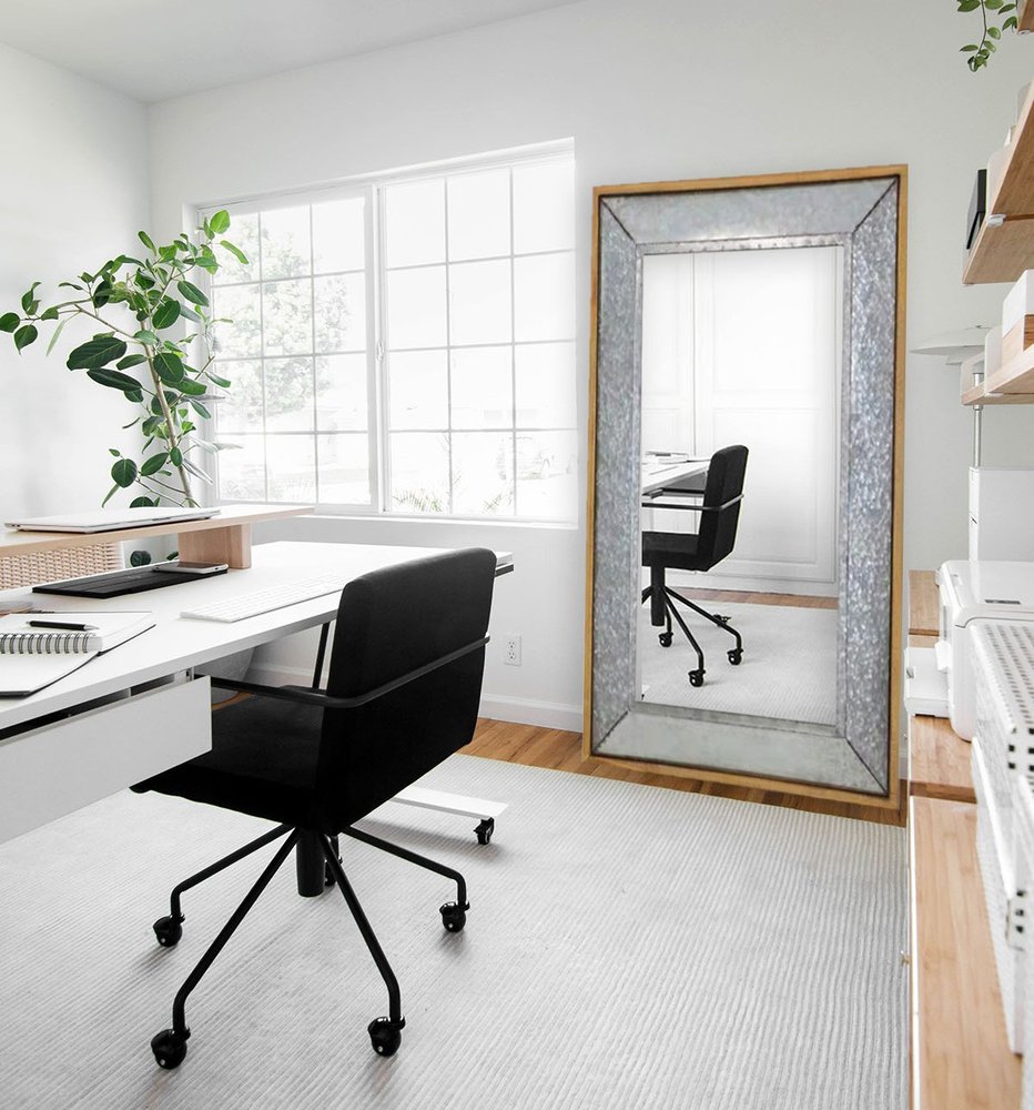 84" Gray And Brown Galvanized Metal and Wood Framed Leaning Accent Mirror