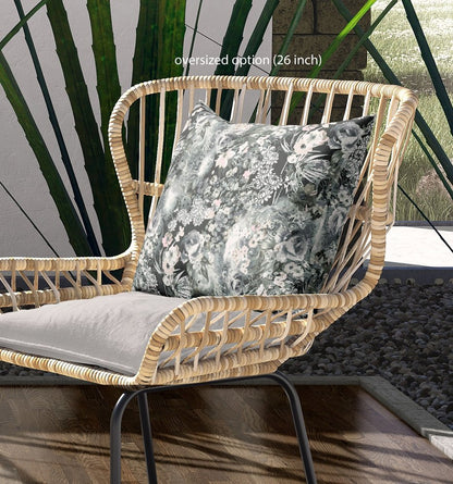 20" X 20" Dark Blue And Grey Blown Seam Floral Indoor Outdoor Throw Pillow