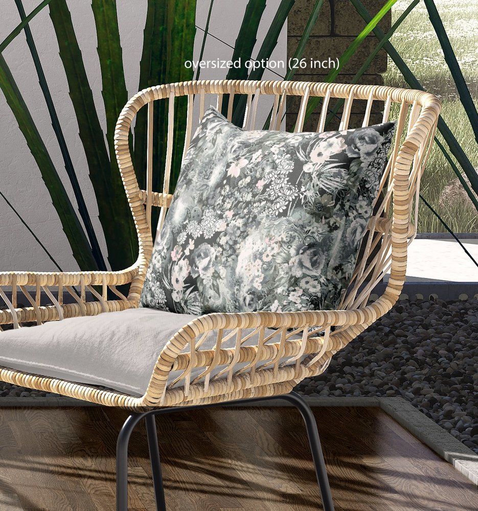 20" X 20" Dark Blue And Grey Blown Seam Floral Indoor Outdoor Throw Pillow