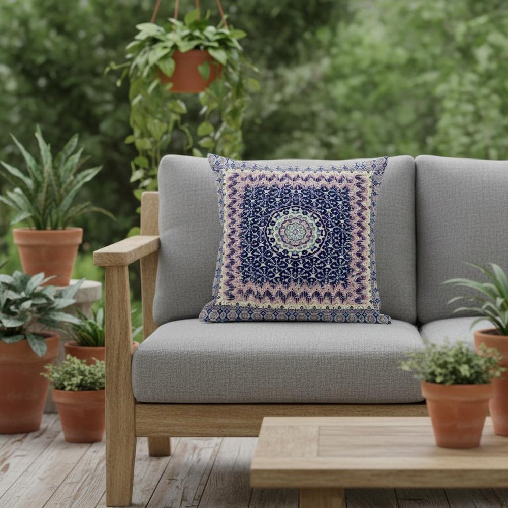 20" X 20" Grey And Blue Blown Seam Floral Indoor Outdoor Throw Pillow