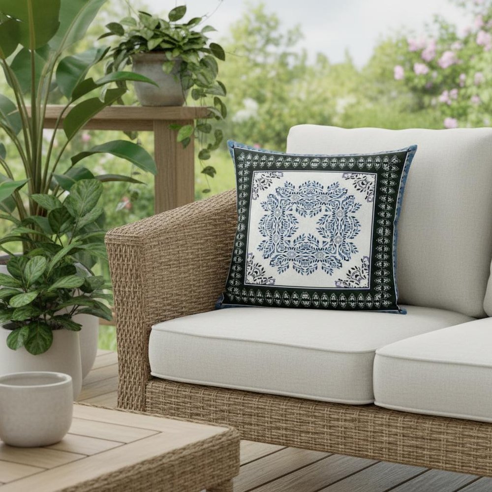 16" X 16" Black And Blue Blown Seam Geometric Indoor Outdoor Throw Pillow