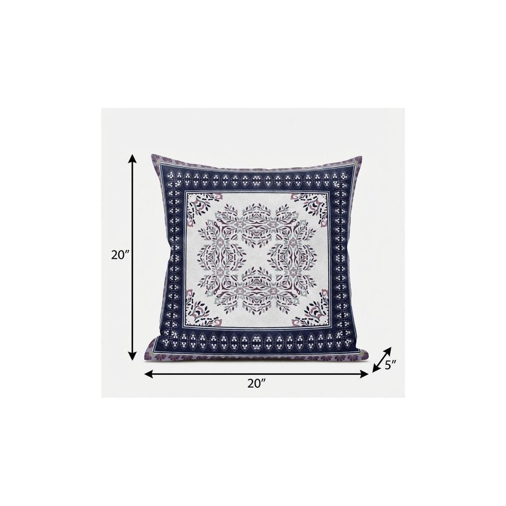 20" X 20" Cream And Blue Blown Seam Geometric Indoor Outdoor Throw Pillow