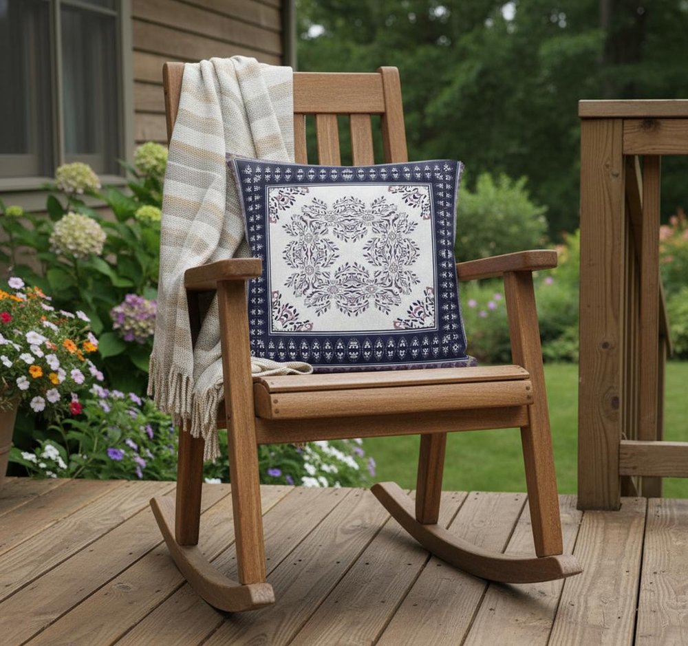 20" X 20" Cream And Blue Blown Seam Geometric Indoor Outdoor Throw Pillow