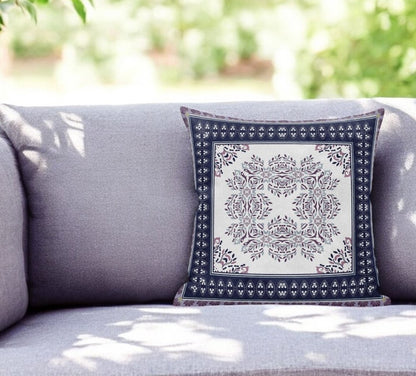 20" X 20" Cream And Blue Blown Seam Geometric Indoor Outdoor Throw Pillow